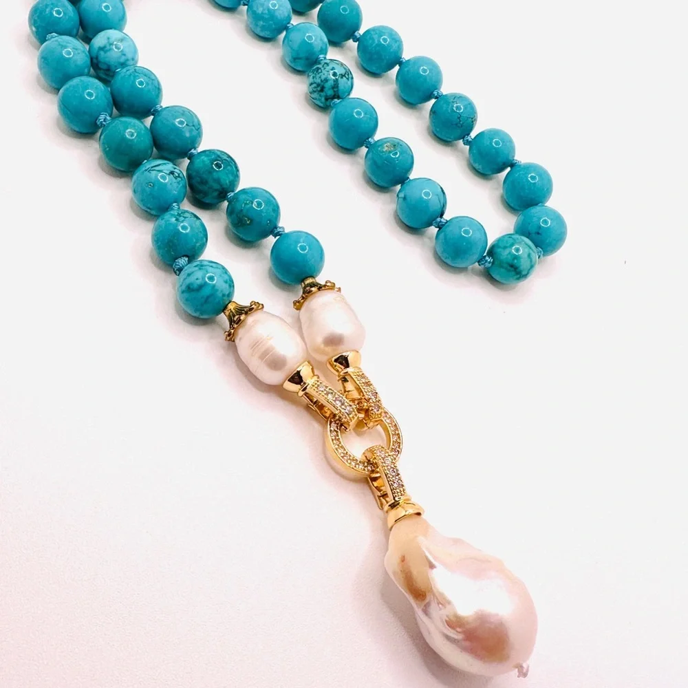 Genuine Howelite and Baroque Pearl Pendant Necklace - Picture 1 of 12